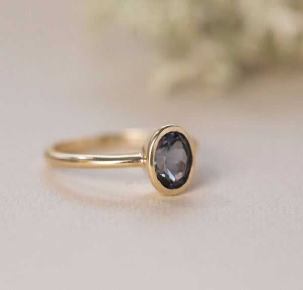 Indigo Blue Spinel Oval Ring - Bezel Set Ring - Spinel Engagement Ring by Anueva Jewelry