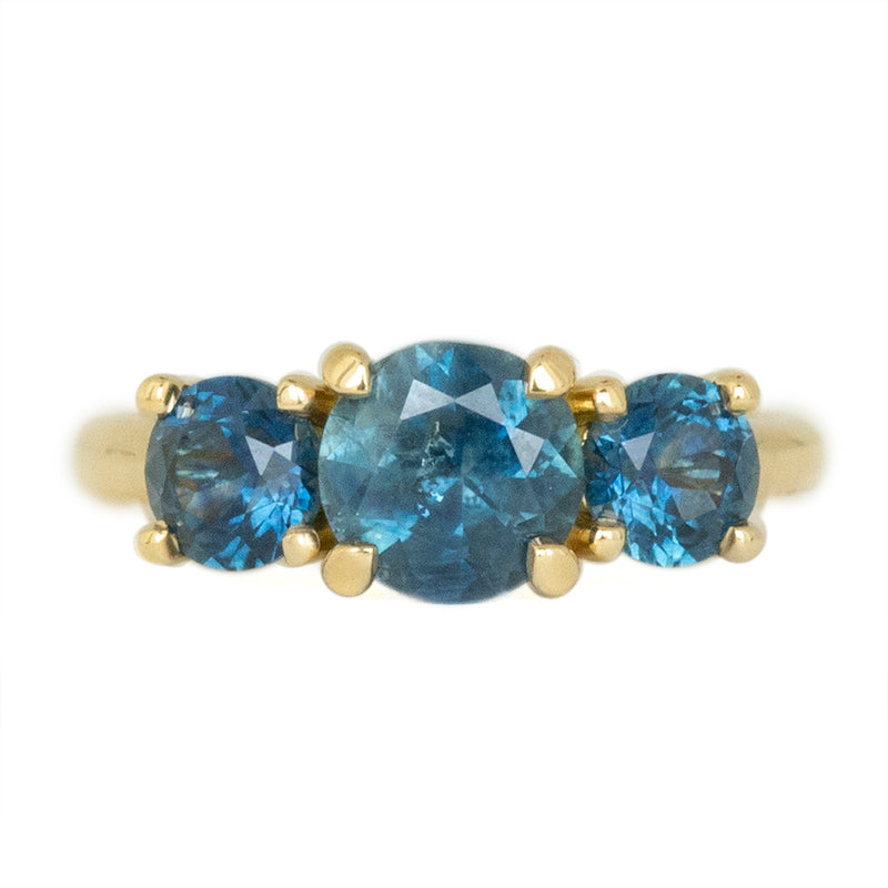 1.78ct Blue Montana Sapphire Three Stone Ring in 18k Yellow Gold