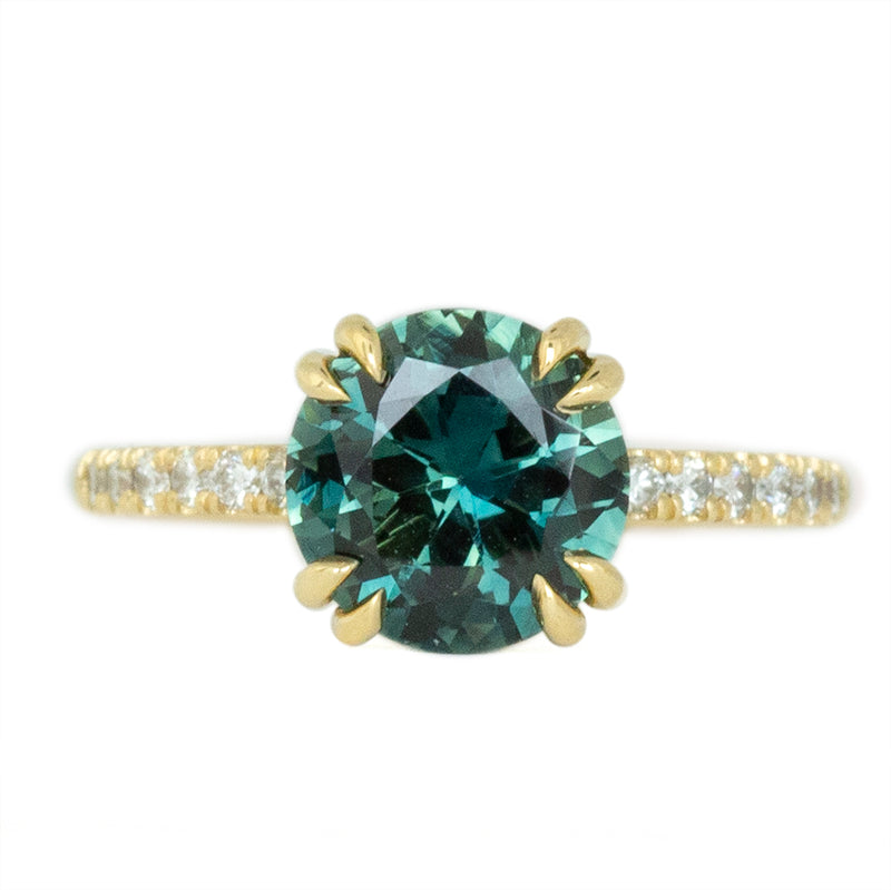 2.76ct Round Teal Nigerian Sapphire Double Prong Solitaire with Diamonds in 18k Yellow Gold