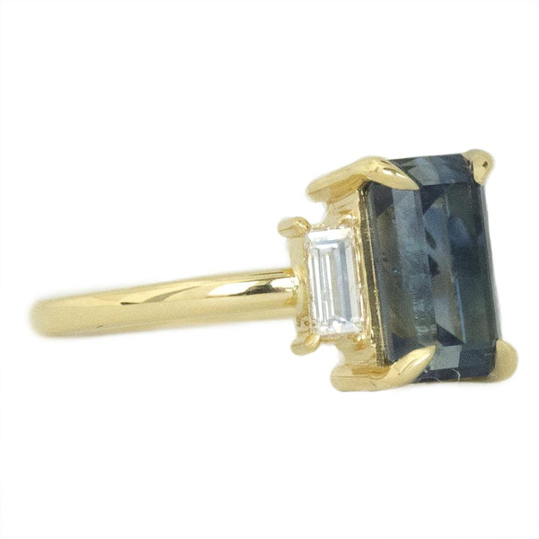 3.07ct Emerald Cut GIA Watercolor Blue Montana Sapphire Three Stone Ring with White Baguette Diamonds