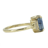 3.07ct Emerald Cut GIA Watercolor Blue Montana Sapphire Three Stone Ring with White Baguette Diamonds