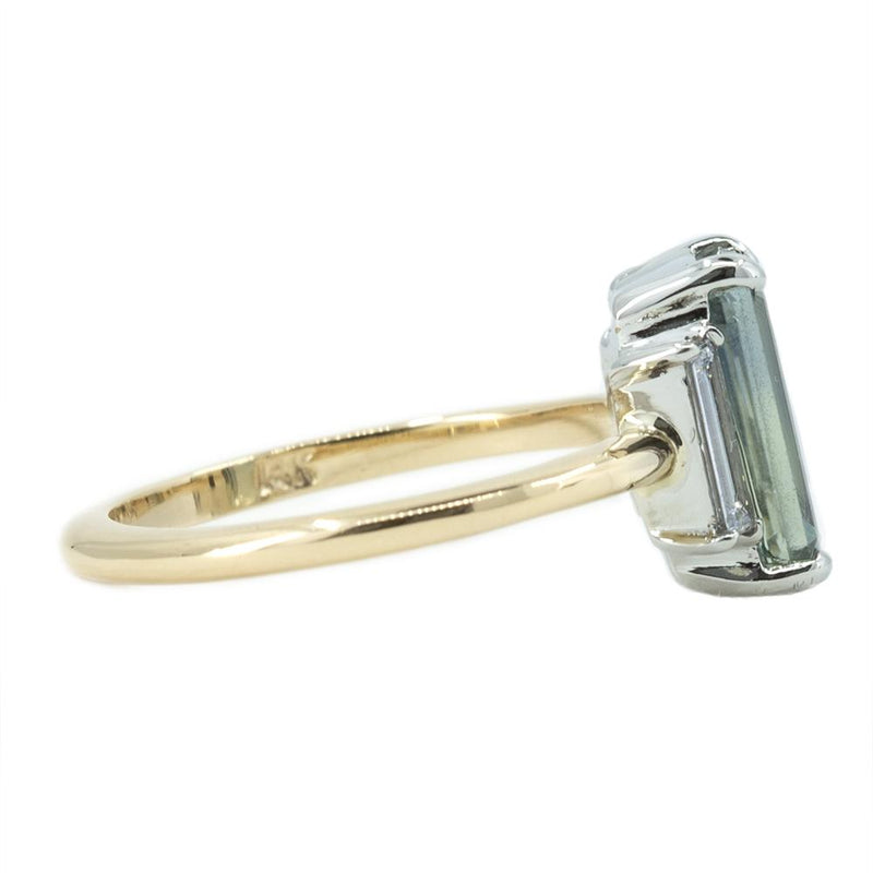 2.87ct Emerald Cut Parti Sapphire Three Stone Ring with Baguette Diamonds in Two Tone Gold