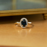 1.54ct Australian Deep Royal Blue Sapphire and Diamond Halo Ring in 14k Yellow Gold