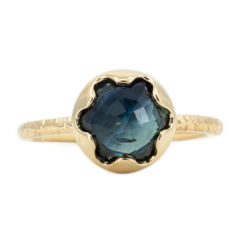 2.86ct Rosecut Blue Sapphire Low Profile Six Prong Evergreen Solitaire in 14k Yellow Gold