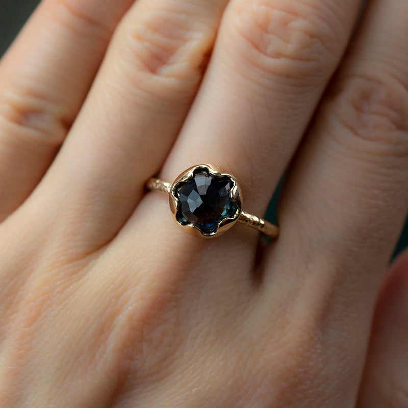 2.86ct Rosecut Blue Sapphire Low Profile Six Prong Evergreen Solitaire in 14k Yellow Gold