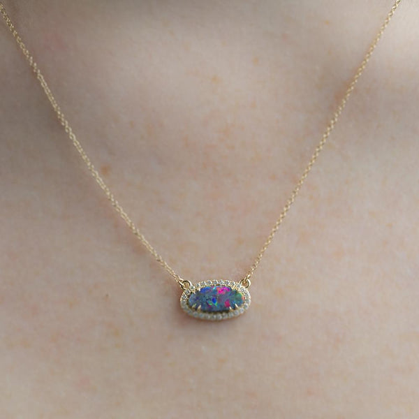 Opal and Diamond Halo Necklace in 14k Yellow Gold, 11.52x5.19mm
