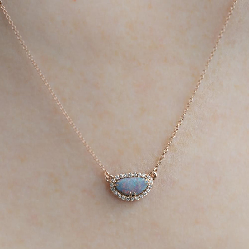 Opal and Diamond Halo Necklace in 14k Rose Gold, 9.30x5.10mm