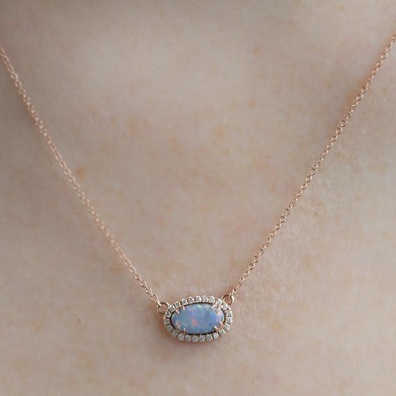 Opal and Diamond Halo Necklace in 14k Rose Gold, 9.40x5.35mm