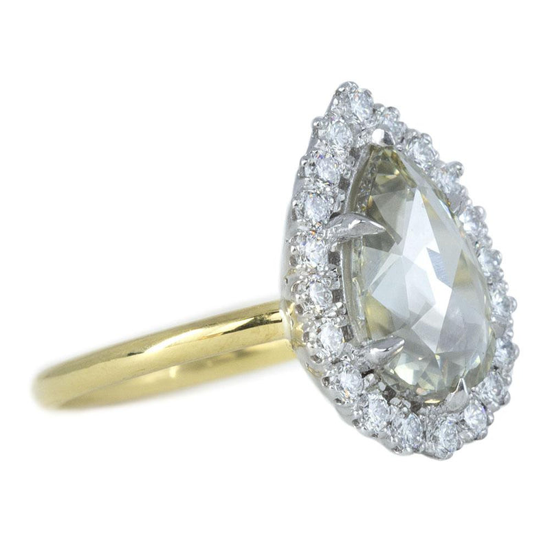 2.24ct Grey Pear Rosecut Diamond and Scalloped Halo Antique Ring in Two Tone Gold