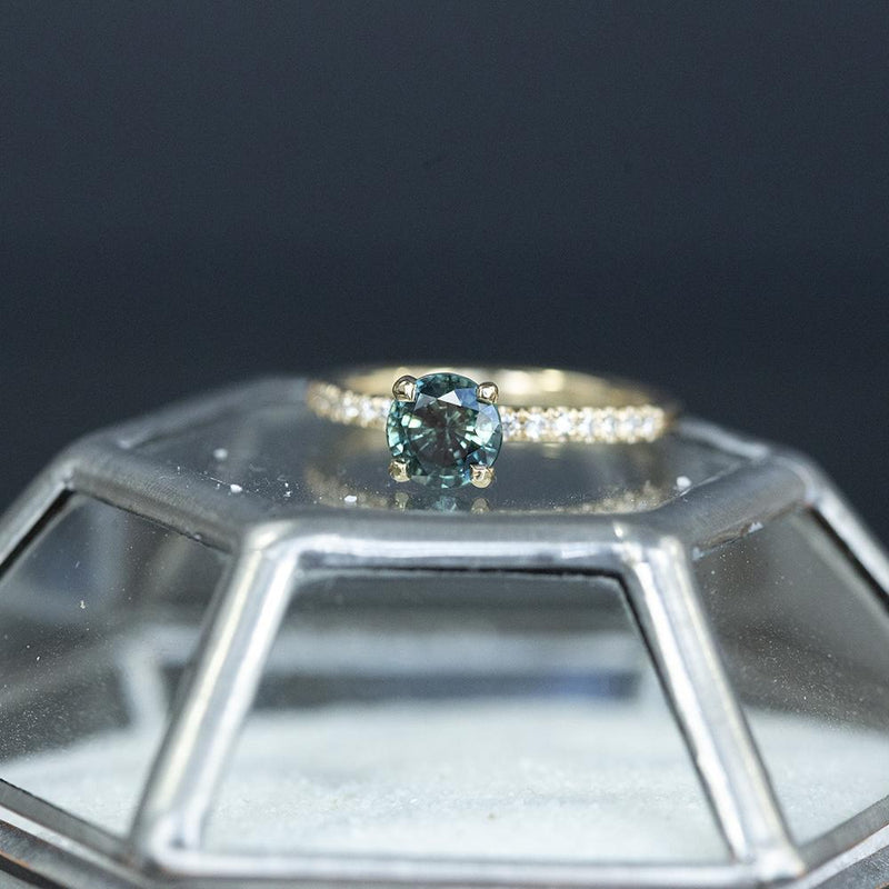 1.20ct Deep Teal Blue Green Sapphire with French Set Diamond Solitaire in 14k Yellow Gold