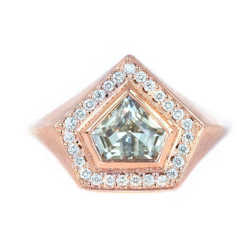 1.19ct Shield White Sapphire and Diamond Halo Signet in 14k Rose Gold