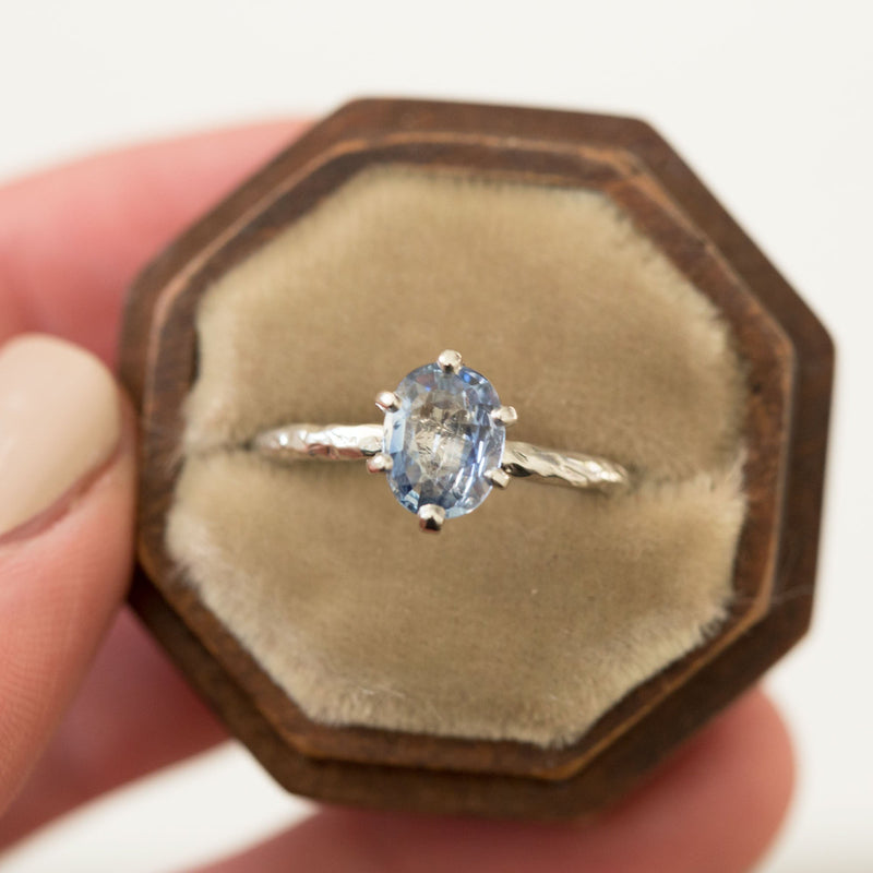 evergreen sapphire oval pastel sapphire carved bark gemstone engagement ring