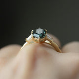 1.51ct Elongated Hexagon Montana Sapphire And Tapered Baguette Diamond Ring in 14k Yellow Gold