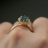 2.01ct Oval Teal Blue Sapphire and Six Prong Diamond Halo Ring in 14k Yellow Gold