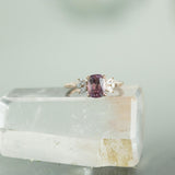 1.78ct GIA Cushion Pink Bicolor Sapphire With Diamond Clusters in 14k Rose Gold on quartz