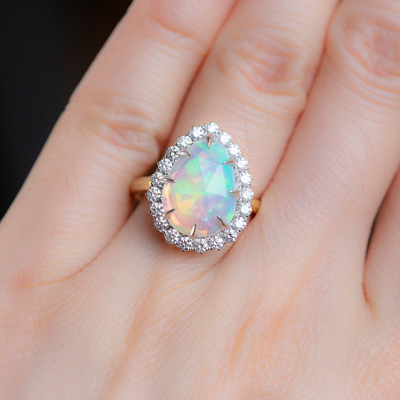 Pear Opal And Diamond Halo Ring In 14k Yellow And White Gold