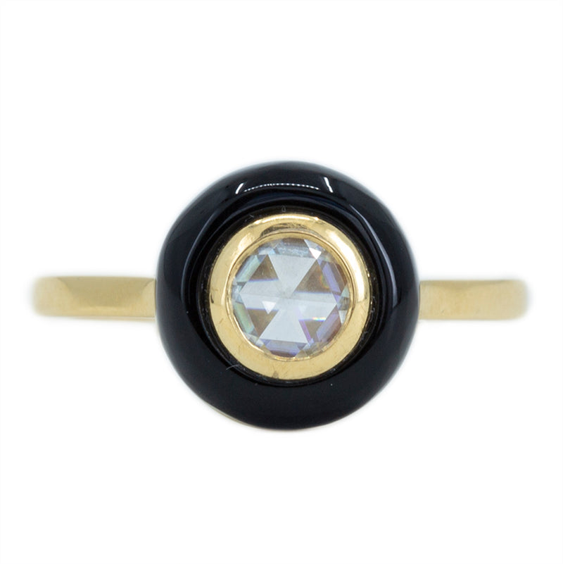 Rosecut Moissanite With Black Onyx Halo Ring In 18k Yellow Gold