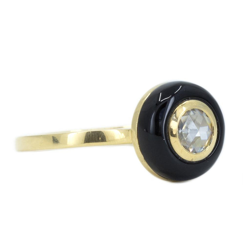 Rosecut Moissanite With Black Onyx Halo Ring In 18k Yellow Gold side angle view