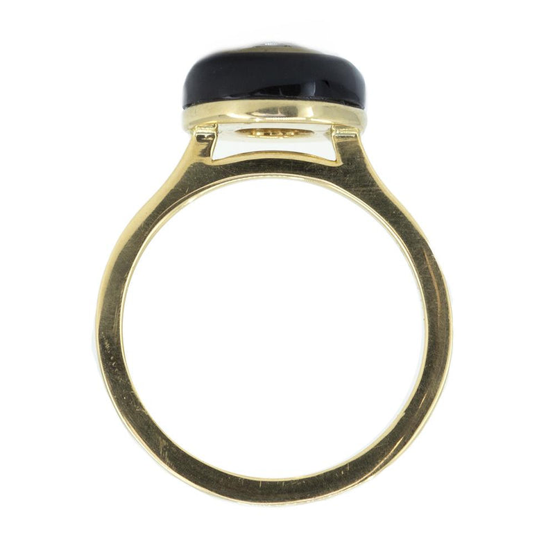 Rosecut Moissanite With Black Onyx Halo Ring In 18k Yellow Gold profile view