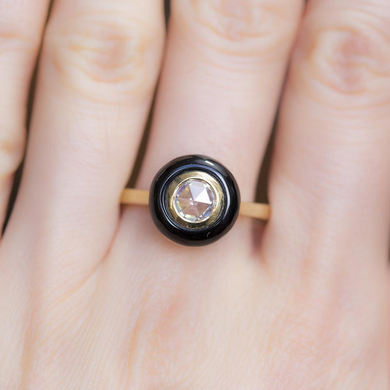 Rosecut Moissanite With Black Onyx Halo Ring In 18k Yellow Gold on hand