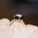 Rosecut Moissanite With Black Onyx Halo Ring In 18k Yellow Gold view of side profile on hand