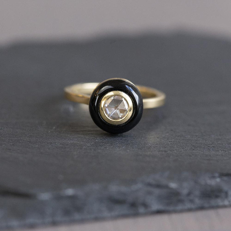 Rosecut Moissanite With Black Onyx Halo Ring In 18k Yellow Gold straight on view