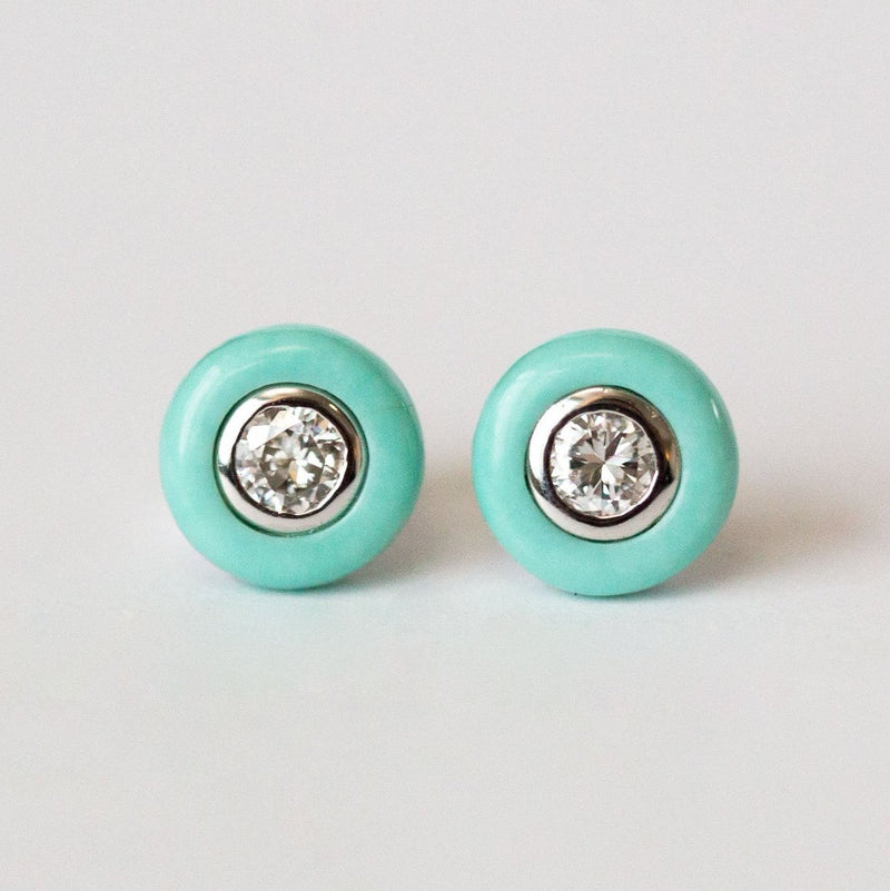 Turquoise and Diamond Stud Earrings - Reclaimed Vintage Diamonds in Turquoise halos by Anueva Jewelry