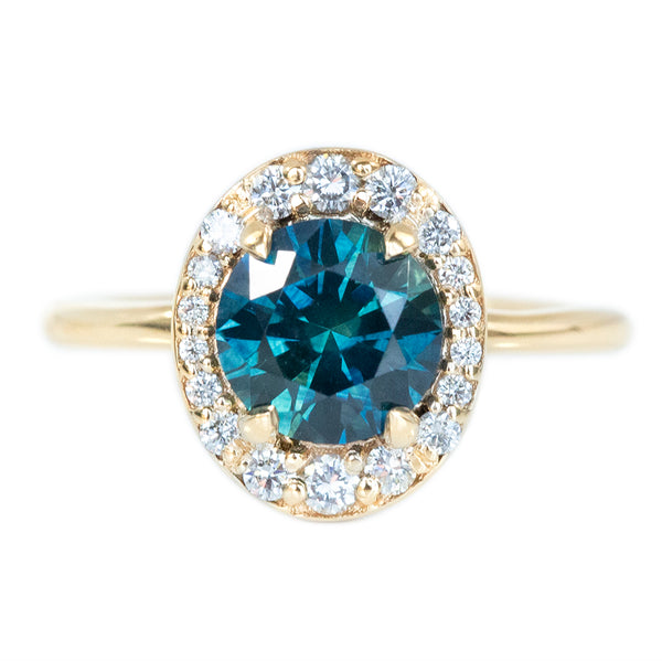 1.99ct Round Montana Sapphire in Low Profile Oval-Esque Tapered Diamond Halo, 14k Yellow Gold