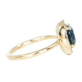 1.99ct Round Montana Sapphire in Low Profile Oval-Esque Tapered Diamond Halo, 14k Yellow Gold