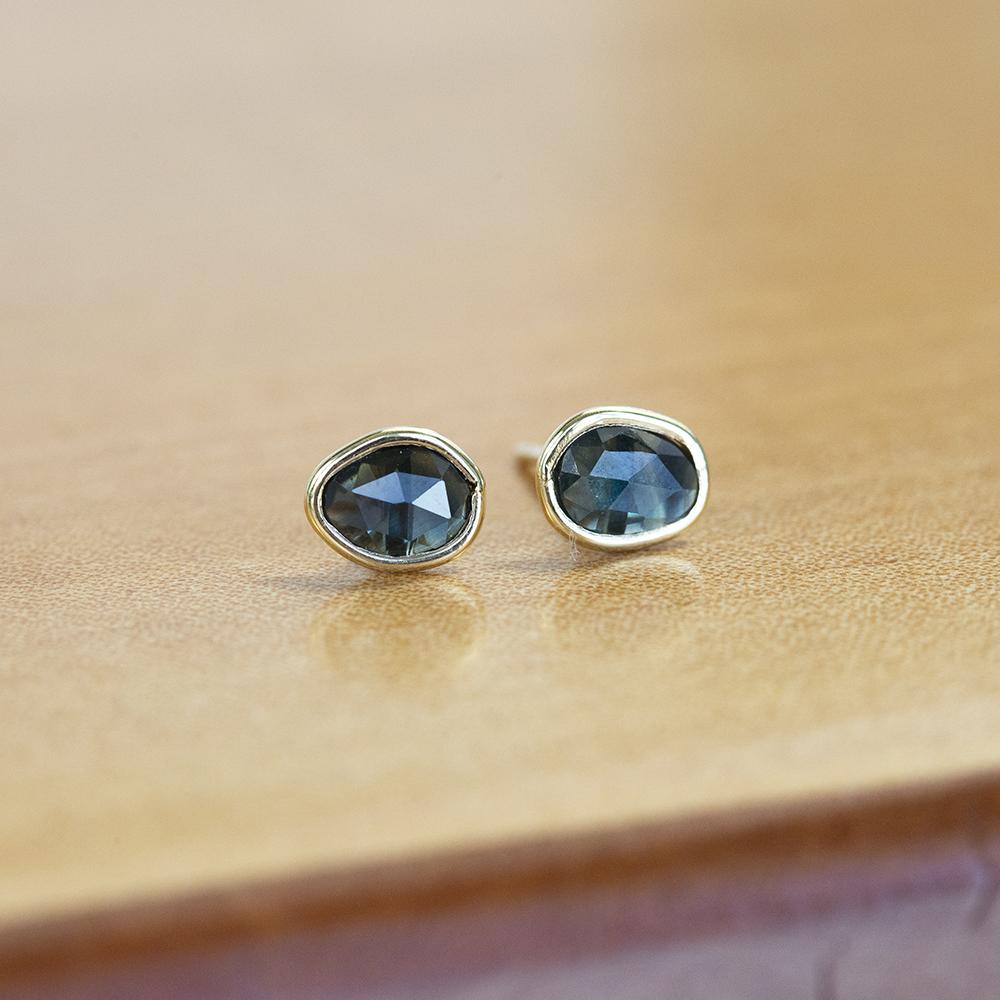 Rose cut Sapphire earrings, dark blue rose cut sapphire studs, natural sapphire earrings, genuine navy blue store sapphire studs