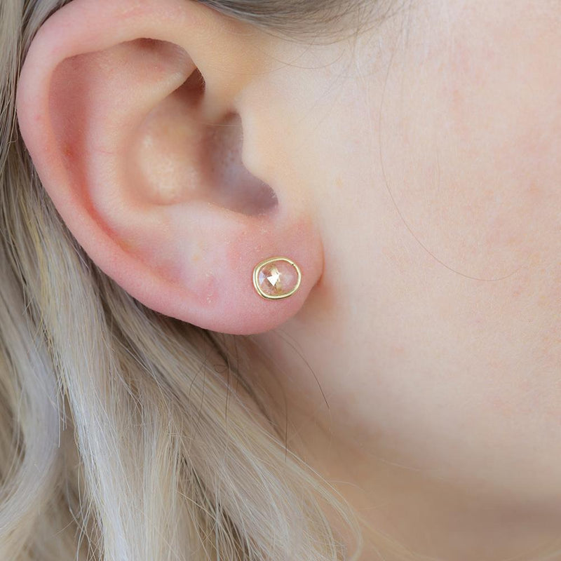 Oval Rose cut Sapphire Stud Earrings In Yellow Gold Bezel Set