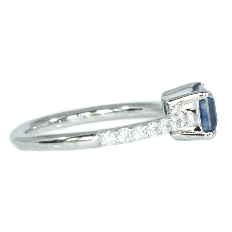 1.76ct Emerald Cut East-West Montana Sapphire and diamonds in White Gold Low Profile