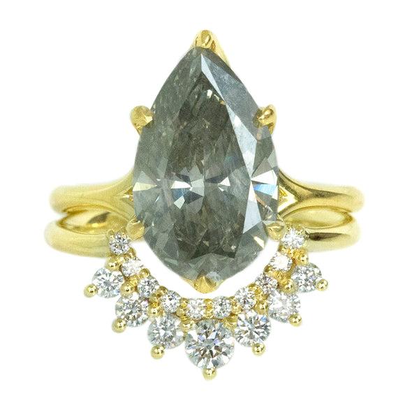 4.28ct Grey Pear Diamond Low Profile Six Prong Split Shank Ring With Contour Diamond Band In 18k Yellow Gold