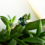 1.34ct Green Oval Parti Sapphire Solitaire with French Set Diamonds in Yellow Gold