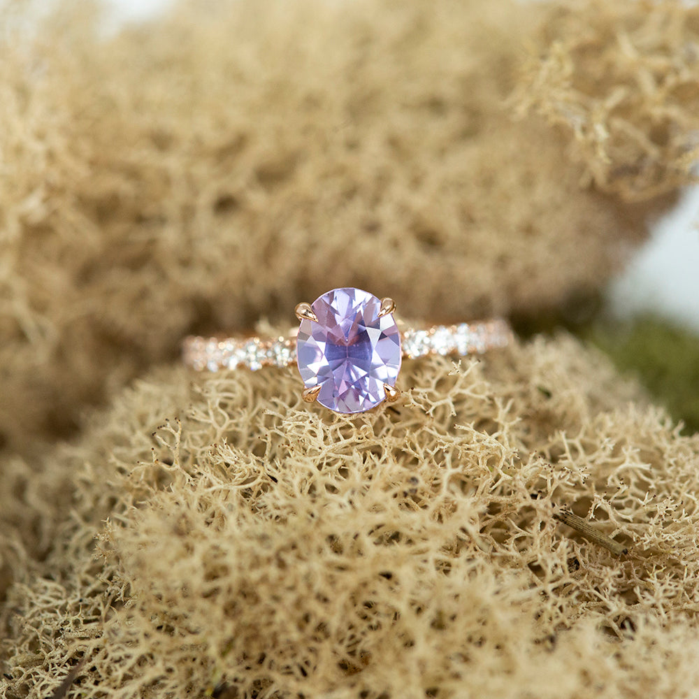1.76ct Light Purple Oval Sapphire Solitaire with French Set Diamonds I Anueva Jewelry