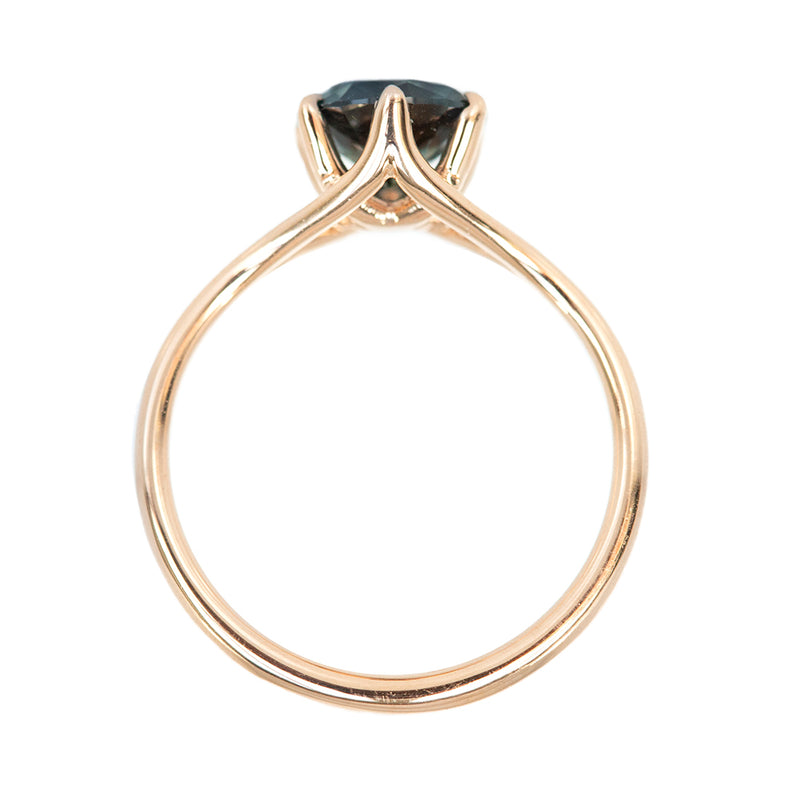 1.4ct Teal Nigerian Sapphire Low Profile Six Prong Split Shank Solitaire in 18k Rose Gold