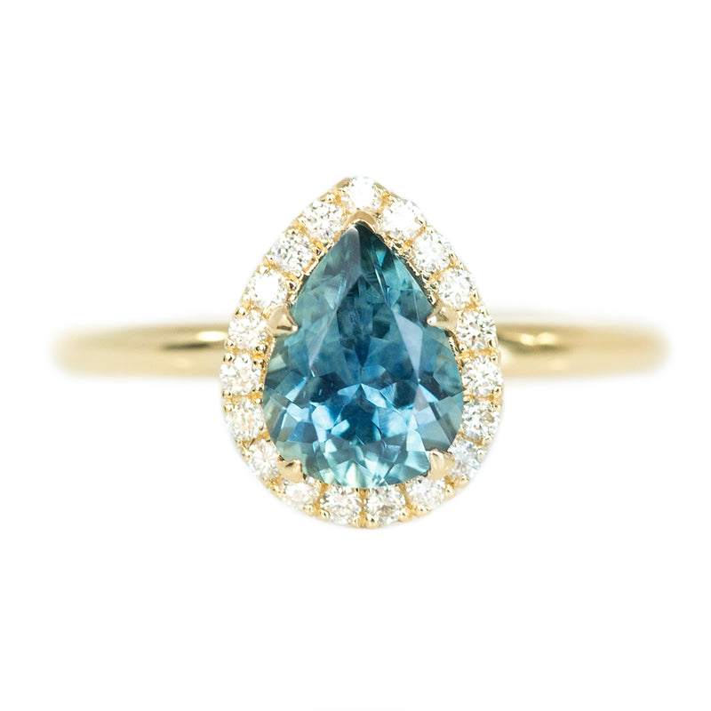 1.54ct Montana Pear Sapphire and Diamond Halo Ring in 14k Yellow Gold