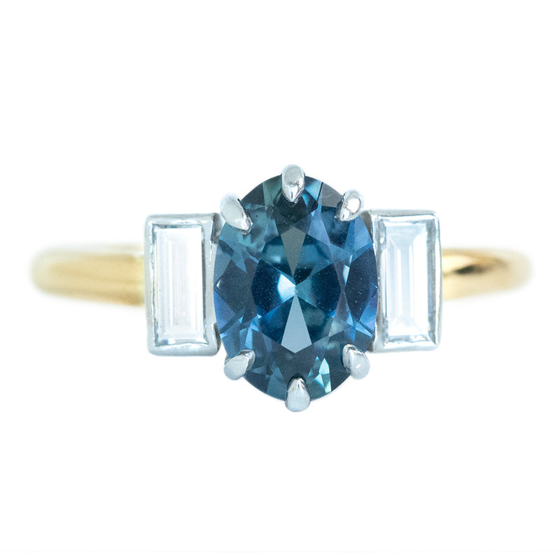 1.96ct Oval Sapphire and Baguette Diamond Three Stone Ring In 18k Yellow And Platinum