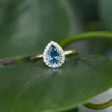 1.54ct Montana Pear Sapphire and Diamond Halo Ring in 14k Yellow Gold