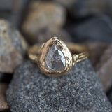 Silver Grey Rosecut Pear Diamond Engagement Ring in Reclaimed Yellow Gold - Unique Earthy Engagement Ring - Hand Carved ring by Anueva