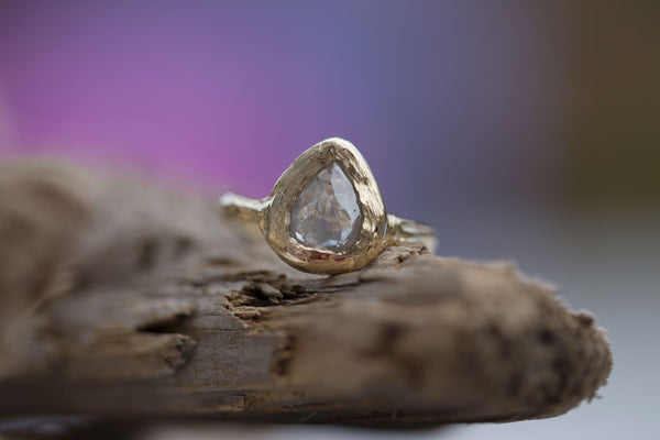 Silver Grey Rosecut Pear Diamond Engagement Ring in Reclaimed Yellow Gold - Unique Earthy Engagement Ring - Hand Carved ring by Anueva