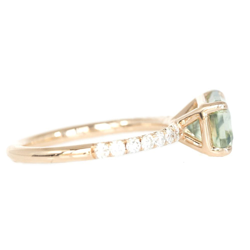 2.83ct Radiant Cut Minty Green East-West Nigerian Sapphire With Diamond Band In 14k Rose Gold