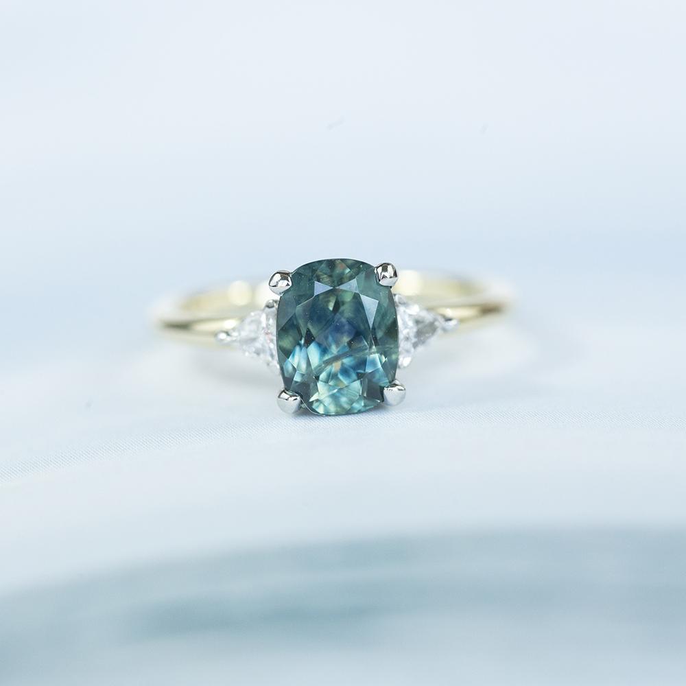 Three Stone Cushion Montana Sapphire and Diamond Ring in