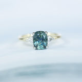 1.77ct Three Stone Cushion Montana Sapphire and Diamond Ring in Two Tone 14k Yellow and White Gold