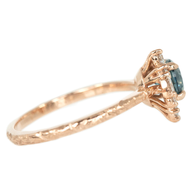 0.87ct Round Nigerian Sapphire Asymmetrical Diamond Cluster Ring In 14k Rose Gold