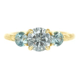 1.07ct Round Salt And Pepper Diamond Three Stone Ring With Montana Sapphire Side Stones In 14k Yellow Gold