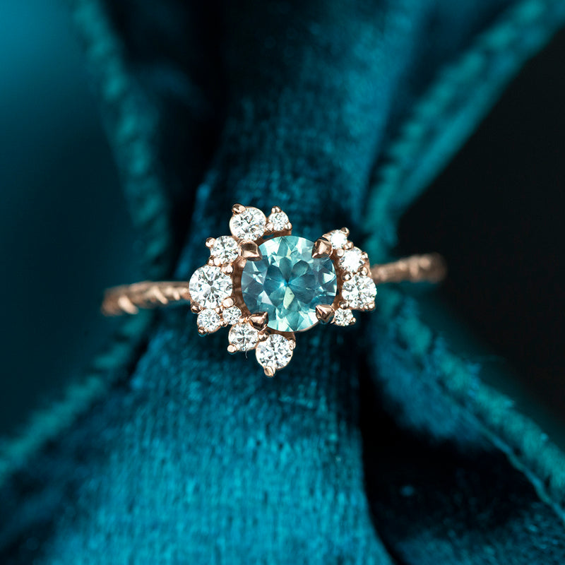 0.87ct Round Nigerian Sapphire Asymmetrical Diamond Cluster Ring In 14k Rose Gold