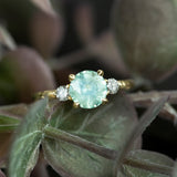1.52ct Round Minty Montana Sapphire Three Stone Ring With Grey Diamond Side Stone In 14k Yellow Gold