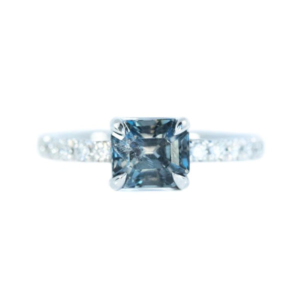 1.52ct Radiant Cut Grey Blue Spinel Ring with French Set Diamond Band in 14k White Gold