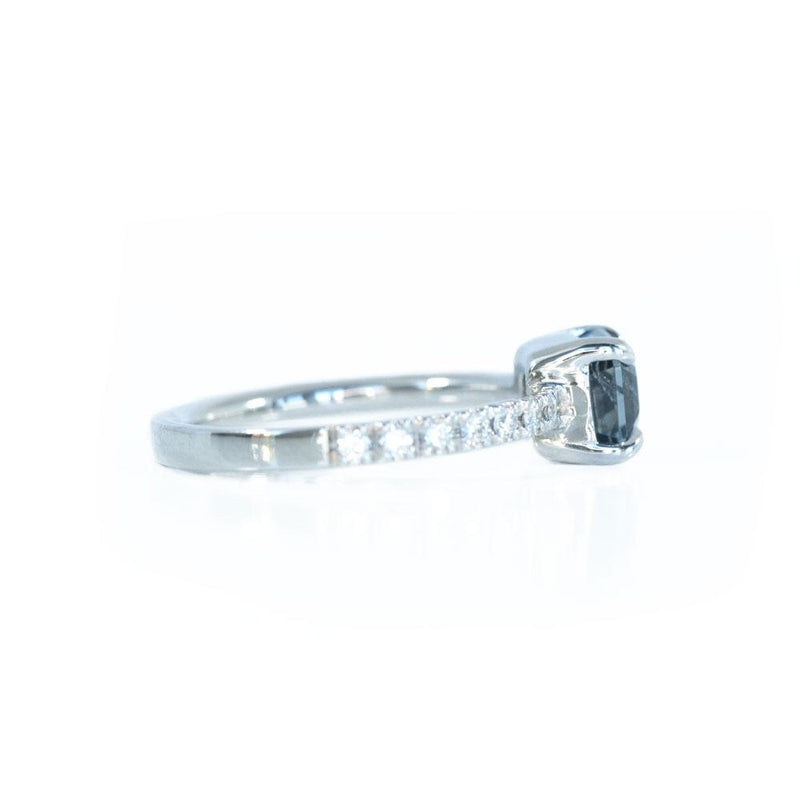1.52ct Radiant Cut Grey Blue Spinel Ring with French Set Diamond Band in 14k White Gold